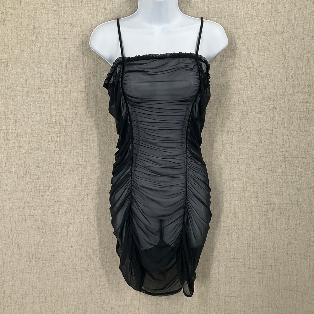 Savage X Fenty Mini Dress Womens XL Black Ruched Sheer Mesh Bodycon Edgy